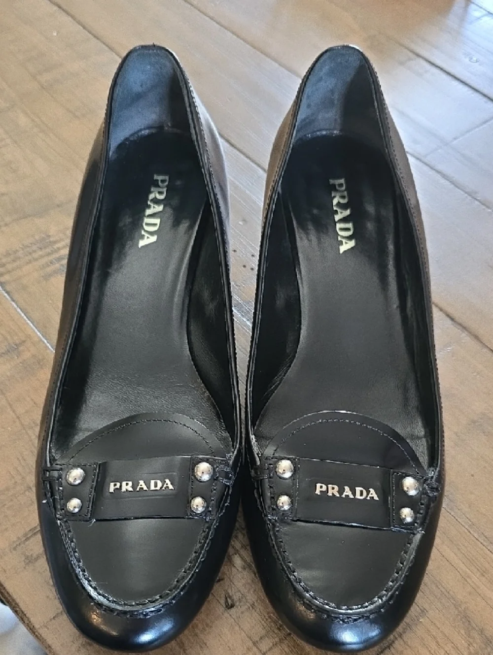 Prada Black Patent Leather Women's Loafers with Logo Plaque and Studs - Picture 5 of 5